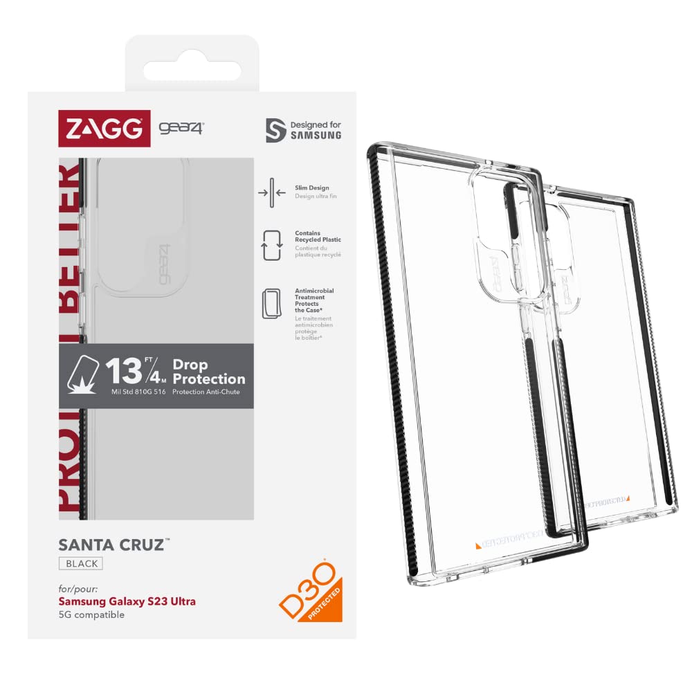 ZAGG Gear4 Santa Cruz D30 Protective Case for Samsung Galaxy S23 Ultra, 6.8in, Slim, Improved Grip, Advanced Clarity, Wireless Charging, Shockproof, (Black)
