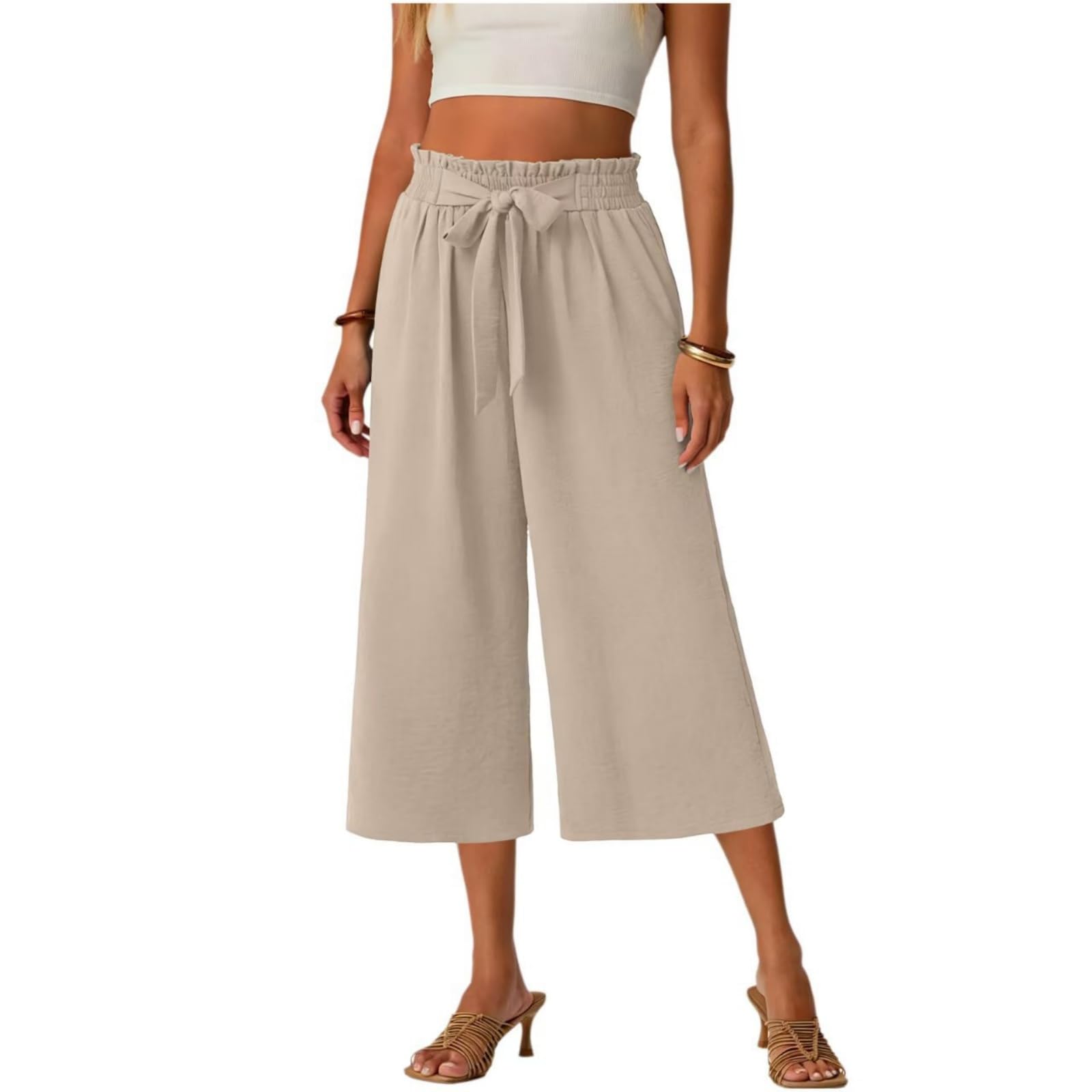 Pantalon 3/4 Femme Été Vetement Solde Taille Haute Chic et Elegant | Décontracté Pantacourt Élastiqué Coupe Ample Fluide et Légère Corsaire