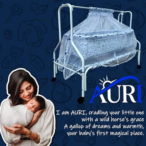 Image of Kiddery Auri | Cradle for Baby | New Improved Mattress Design | Mosquito Protection Net | Smooth Swing | All Wheel Lock | Palna | Jhula | Uyyala | 0-10 Months | Blue