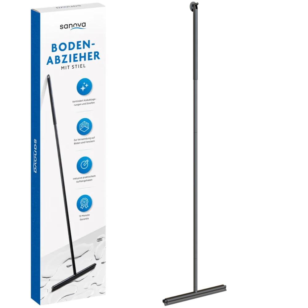 Sanova Bodenabzieher mit Stiel 136 cm – Wasserschieber Boden Schwarz – Duschabzieher Langer Stiel aus Edelstahl Aluminium & Silikon – Mit Wandhalter