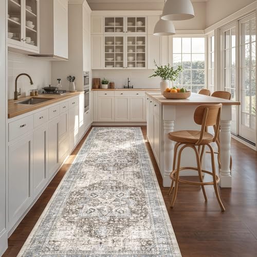 Tortania Area Rug 3x8 Runner Rugs - Washable Vintage Oriental Farmhouse Thin Indoor Carpet for Living Room Bedroom Hallway Entryway Kitchen Under Dining Table Home Office - Brown Blue