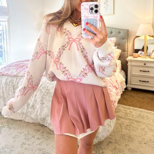 Women Bow Print Pullover Sweaters Crewneck Loose Fit Casual Knit Tops Aesthetic Print Going Out Streetwear4