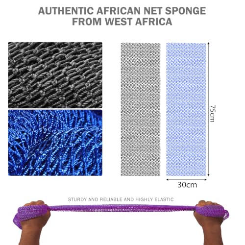 Image of UJFQBH 3 Pieces African Net Sponge Authentic, Nylon Bath Scrubber Exfoliating Body Scrubber, Dries Quickly, and Gradually Transforms Rough Skin into Smooth Black, Blue, Purple
