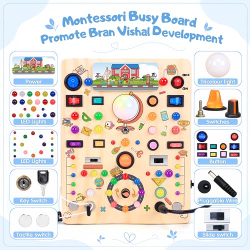 Image of Busy Board with 19 LED Light Switches, Montessori Toys for 1 2 3 Years Old, Wooden Sensory Board, Toddlers Activity Travel Toys for 1 2 3 Year Old Boy & Girl Birthday Gift (Big School)