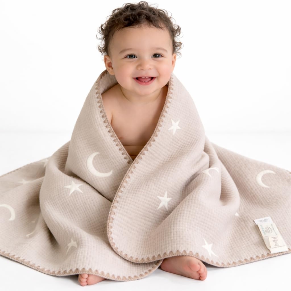 Ababy Swaddle Blanket – Cotton Gauze Baby Swaddling Blanket, Designed for Newborn Comfort, Oat Beige – Star & Moon, 26 x 51 Inches