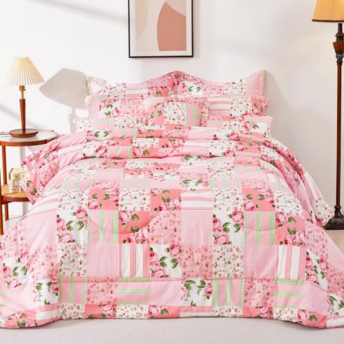 Floral Comforter with 2 Pillow Shams-King Size,Patchwork Pink Bed Set 3 PCs,Soft Microfiber Comforter Set for Girls,Lightweight Reversible Bedding for All Season(King102 x90,Pink)