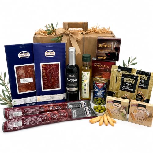 Cesta Gourmet Ibérica 14 Productos, Selección de Embutidos, Jamón y Lomo de Cebo Ibérico, Chorizo y Salchichón, Quesos, Paté, AOVE y Vino Rioja, Caja Regalo Gourmet. (CESTA Nº5).