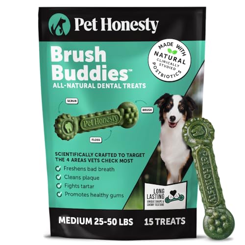 Brush Buddies Long Lasting Dog Dental Chews - All Natural Dental Sticks for Teeth Cleaning Plaque Off + Tartar Remover for Dogs - Dog Dental Treats + Breath Freshener - Medium Sized Dogs (15 Count)