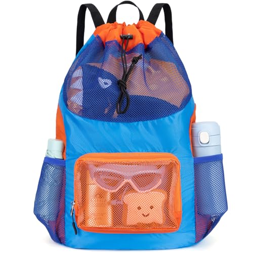 Veious Bolsa de natação para crianças, de malha, para meninos, leve, com cordão, bolsa de praia, piscina, esportes, academia, bolsa com cordão, Azul, 13 X 18 Inches, Cordão