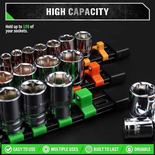 Image of SWANLAKE Organizer Socket Holder, 9PCS 1 /4-Inch x 48 Clips, 3 /8-Inch x 45 Clips, 1 /2-Inch x 36 Clips, Premium Quality Socket Clip Rail Holder