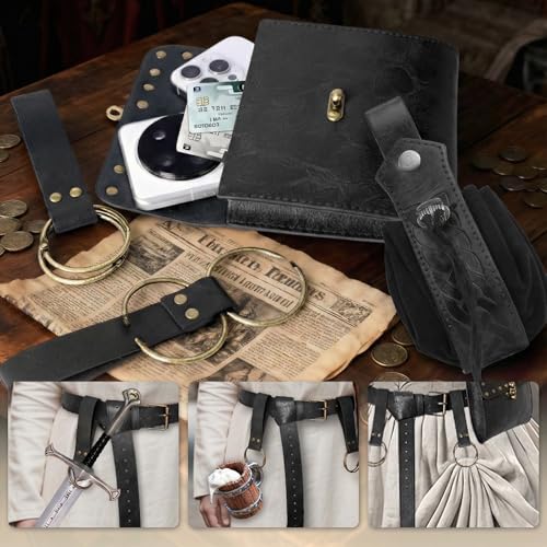 Image of Renaissance Belt Pouch Medieval Viking Leather Bracers Set for LARP