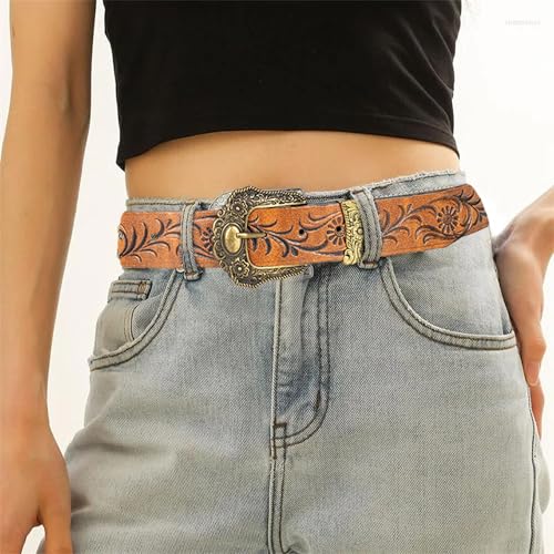 Vintage Western Belts for Women Cowgirls Belt with Floral Carved for Jeans Pants Dresses4