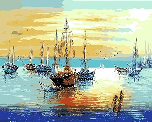 Awesocrafts Kit de pintura numérica, barcos de atardecer, veleros puerto pintura por número 40,6 x 50,8 cm para adultos y niños (barco)