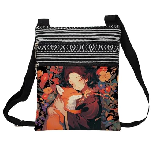 Floral Fox Messenger Bag Small Ethnic Pattern Printed Adjustable Strap Crossbody Zipper Bag Floral Fox Phone Bag Wallet Cute Shoulder Handbag for Women Friends -1