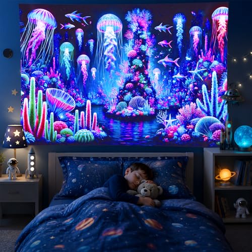 Image of BlissYard Blacklight Tapestry Jellyfish Ocean Decor 78x59 Inch Neon Underwater Glow in Dark Backdrop Blacklight Tapestry Psychedelic Coral Reef Scene for Bedroom Wall Hanging Party Room Sea Art