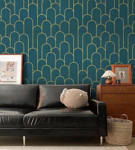 Image of VKR Modern Geometric Peel and Stick Wallpaper Roll | Self Adhesive Waterproof Vinyl Wall Covering for Bedroom, Living Room, Office, Cabinet & Furniture Decor (45 x 300cm, Teal Gold Pattern)
