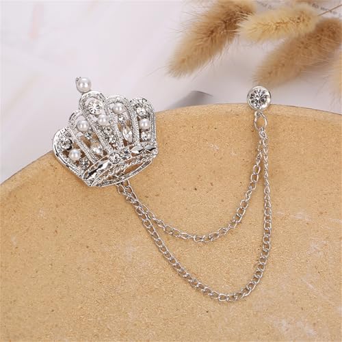 Image of coadipress Crown With Hanging Chain Brooch for Women Men Elegant Gentlemen Gold Silver Crystal Crown Lapel Pin Vintage Rhinestone Wedding Brooch Suit Shirt Pin Accessories