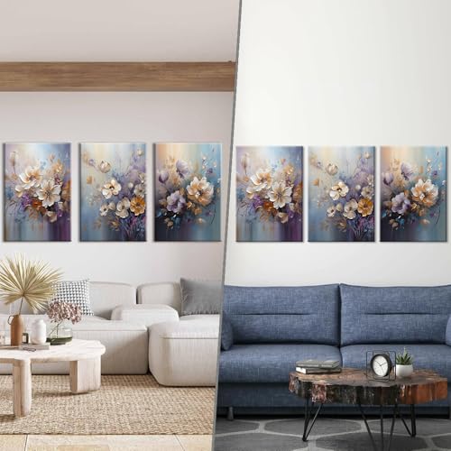 Piy Painting 3 Teilig Modern Bilder Leinwand Farbenfrohe Blumen Wandbilder Wohnzimmer Modern Blau und Violett Floral Wandkunst Leinwand Malerei Kunstdrucke Wandbilder mit Rahmen Schlafzimmer 57x40 cm
