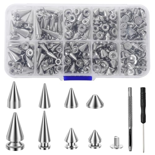 359Pcs Punk Spikes and Studs Kit, Cone Spike and Stud Rivet Kit 8 Size Metal Leather Tree Spike Assortment Kit Clothing Stud Décor Kit for Clothing Jacket Shoes Wallet