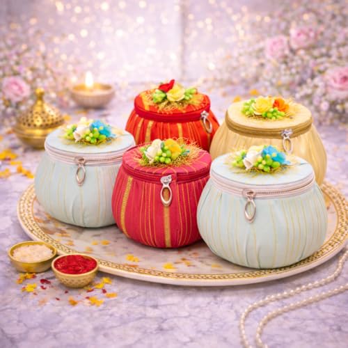 Image of Jaipur Ace Shagun Potli Gift Box Set of 5 with Zipper | Decorative Velvet Jewellery & Cash Storage Box for Wedding Return Gifts, Rakhi, Bridal Shagun & Festive Packaging