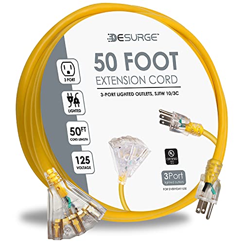 Outdoor Heavy Duty 10/3 SJTW Extension Cord - 50 Ft  3 Lighted Outlets, 15A, 125V, 60Hz, 1825W, 10AWG - UL Listed