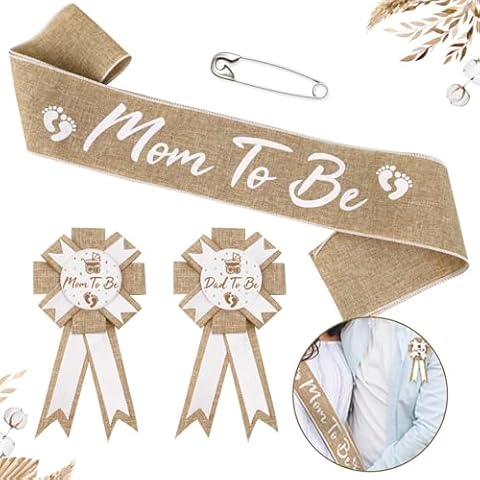 Lopeastar Neutral Burlap Mom to Be Sash Dad to Be Pin Baby Shower Decorations, Rustic Boho Mommy to Be Sash Baby Shower Corsage Pin Set for Pregnant Mommy Gift Party Decorations Cover