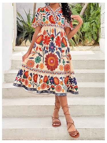Girl's Cute Floral Midi Dress Boho Ruffle V Neck Short Sleeve Flowy Dresses Summer Vacation Beach Outfits3