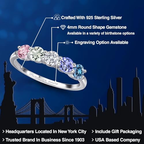 Gem Stone King 925 Sterling Silver Customized and Personalized 5 Stone 4MM Round Gemstone Birthstone Band Wedding Name Engraved Ring For Women Available In Size 5, 6, 7, 8, 92