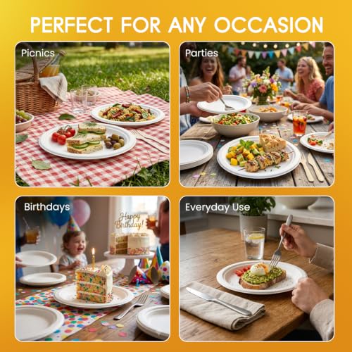 Image of Bonkaso 12 Inch, Pack of 50 Bagasse Disposable Round Plates (White)| Eco-Friendly Sugarcane Paper Plates | Biodegradable, Compostable & Sturdy | Ideal for Snacks, Desserts, Parties, Weddings & Events