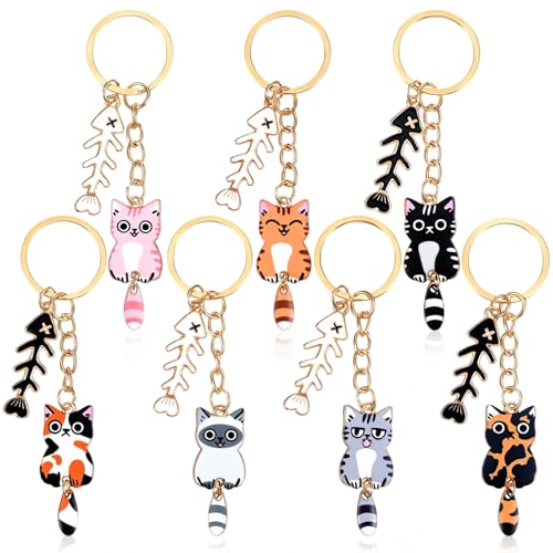 Nogeqi Lot de 7 porte-clés en forme de chat - Cadeau pour les amoureux des chats - Porte-clés mignon - Petit cadeau pour femme, meilleure amie, elle,...