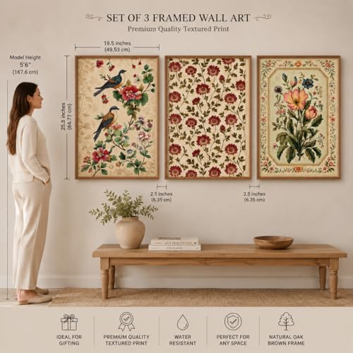 Image of Livin'luxe Set of 3 Vintage Bird Floral Wall Paintings for Living Room Dining Bedroom Decor with Premium Wooden Color Synthetic Frame (25.5 x 19.5 Inch) NM03-93