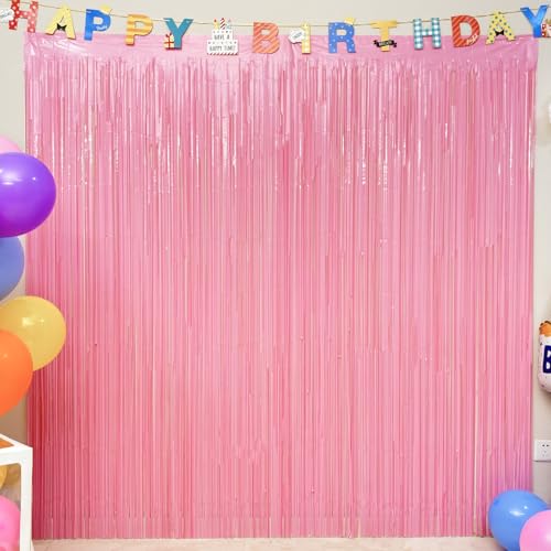 Image of 4 Pack Macaron Pink Foil Fringe Curtains, 13.2x6.6ft Streamers Backdrop for Girls Princess Birthday, Easter, Bachelorette, Bridal Shower, Wedding, Baby Shower| Pastel Pink Streamers Party Decorations