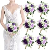 Purple Bridesmaids Bouquets Set of 6 - 7 Inch Artificial Flowers Bridesmaid Bouquet for Wedding Pre-Made Rustic Rose Small Floral Bouquets for Bridal Shower Marriage Proposal Party Anniversary Decor