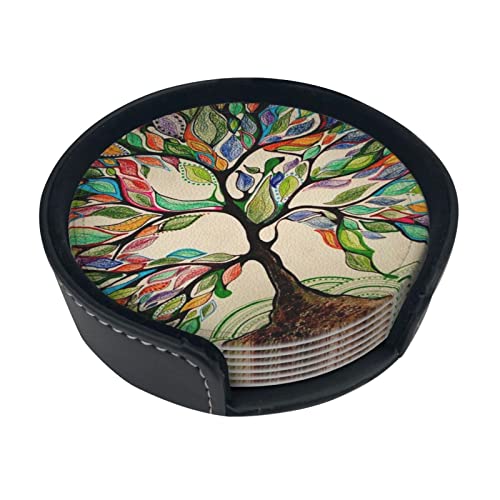 Posavasos de Cuero para Bebidas con Soporte, Juego de Posavasos de árbol de la Vida Vintage, Posavasos para Mesa de Bebidas, Posavasos para Sala de Estar, Cocina, decoración de café
