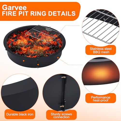 Fire Pit Ring with Grill Grate, 32" x 32" x 7.8" Firepit Cooking Ring 2.5MM Steel Heat-Resistant Large Fire Pit Insert Round, Above or In-Ground Fire Pit, for Camping Garden Backyard