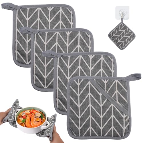 4 Pièces Maniques Cuisine Résistantes à la Chaleur, 17x17 cm Gants Cuisine Carrés en Coton, Antidérapantes et Lavables, Presine Cucina avec Boucle de...