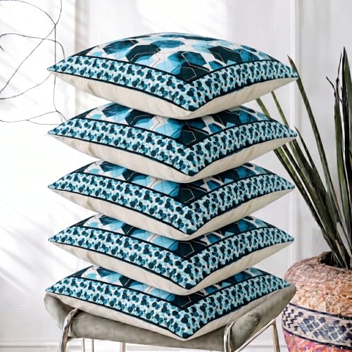 Image of Nendle Printed Holland Velvet Cushion Covers Set of 5, 16 x 16 Inches (40 x 40 cm), Decorative Sofa Cushion Cover with Zipper Closure, Floral Geometric Abstract Bohemian Designs, Multicolor