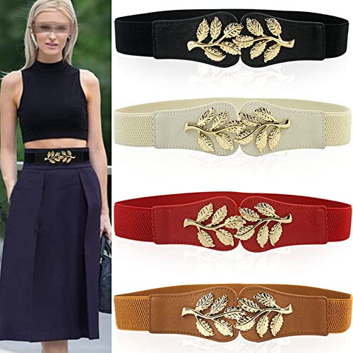 Skinny Belts for Women ,golden leaves Belts Fashion Dress Belts Stretch Women Waist Belts Plus Size Elastic Waist Band for Dresses.(Red), 65x4cm2