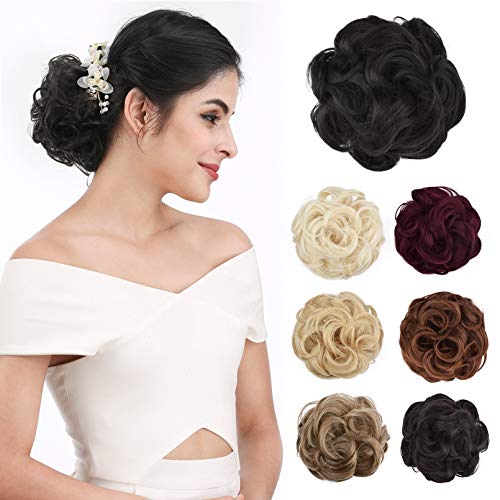 REECHO Messy Bun Hair Piece Tousled Updo Hair Bun Extensions Volume Clip in Curly Wavy Drawstring Hairpieces for Women Girls - Black