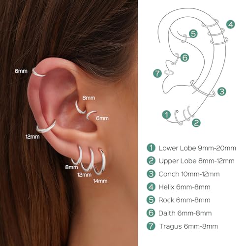 ChicSilver 925 Sterling Silver Huggie Hoop Earrings Small Hoop Earrings for Women Hypoallergenic Silver Huggie Earring Cartilage Earrings for Women (6/8/10/12/14/16/18/20MM)2