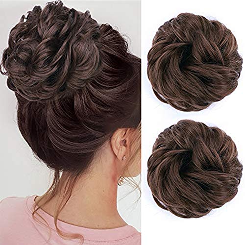 2-Pieces Messy Bun Hair Piece, Updo Messy Hair Extensions, Hair Scrunchies for Women, Rose Bun Hair Scrunchies Curly Hair Bun Hairpiece (Medium Brown)