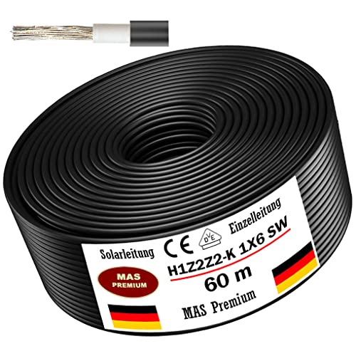 Solarleitung H1Z2Z2-K 4 6 oder 10 mm Von 5 bis 200m Solarkabel Schwarz Rot oder Blau Erdverlegbare Einzelleitung Photovoltaik Halogenfrei Doppelt isoliert (H1Z2Z2-K 6 Schwarz 60m)