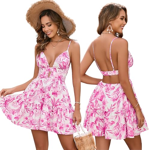 Image of Parthea Women's Summer Boho Floral Mini Dress Spaghetti Strap V Neck Floral A Line Beach Vacation Cute Casual Dresses