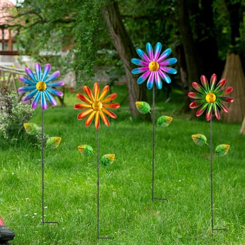 DREAMYSOUL 4 Packs Metal Flowers Wind Spinners Outdoor, Pinwheel Decorative Garden Stakes, Metal Small Wind Spinner for Yard and Garden Decor - image 7