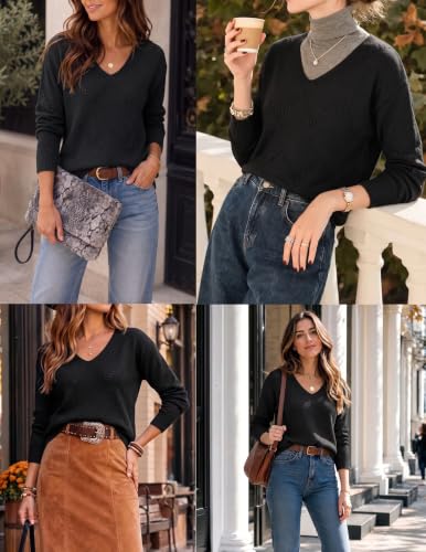 Image of Zeagoo Womens Sweaters Fall Trendy Casual Long Sleeve Shirt Lightweight V Neck Off Shoulder Crochet Pullover Top Outfit