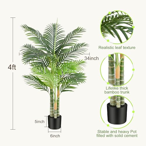 Image of 4ft Triple Golden Cane Palm Artificial Tree 120cm, Large UV-Resistant Tropical Palm Fake Plant Big Size, Perfect for Indoor or Outdoor, Ideal for House Living Room Patio or Office Decor