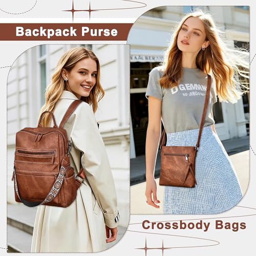 Image of Backpack Purse for Women Pu Leather Travel Backpack Fashion Designer Shoulder Bag Ladies Convertible Handbags (Caramel Brown)