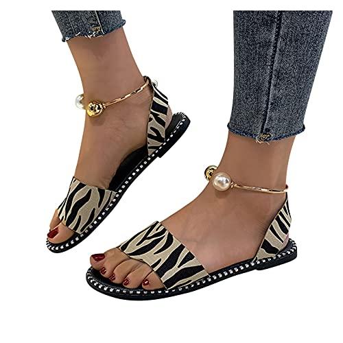 Xudanell Womens Sandals Open Toe Flats Leopard Zebra Leather Ankle Strapy Pearl Cute Sexy Fashion Casual Sandals for Women Black