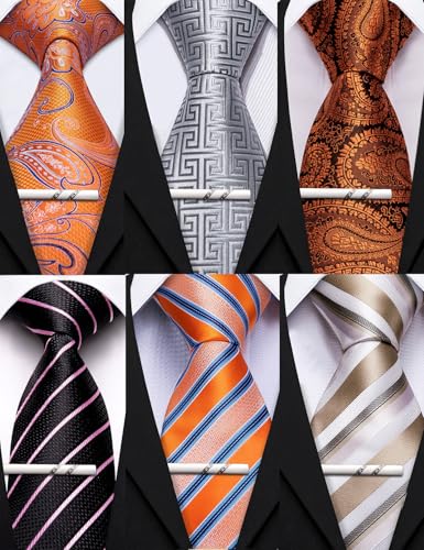 Image of Barry.Wang Mens 6 PCS Ties Silk Striped Paisley Check Floral Necktie Silky Woven Wedding Business Party Ties 3.34 inch