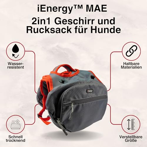 iEnergy™ MAE Hunderucksack - 2in1 Geschirr und Abnehmbarer Rucksack für Hunde - Wetterfest und inklusive Zwei Trinkflaschen mit Thermotaschen (Mittel)